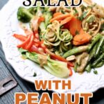 a white plate of vegetables and noodles with peanut sauce with a text overlay saying what the recipe name is (noodle salad with peanut sauce)