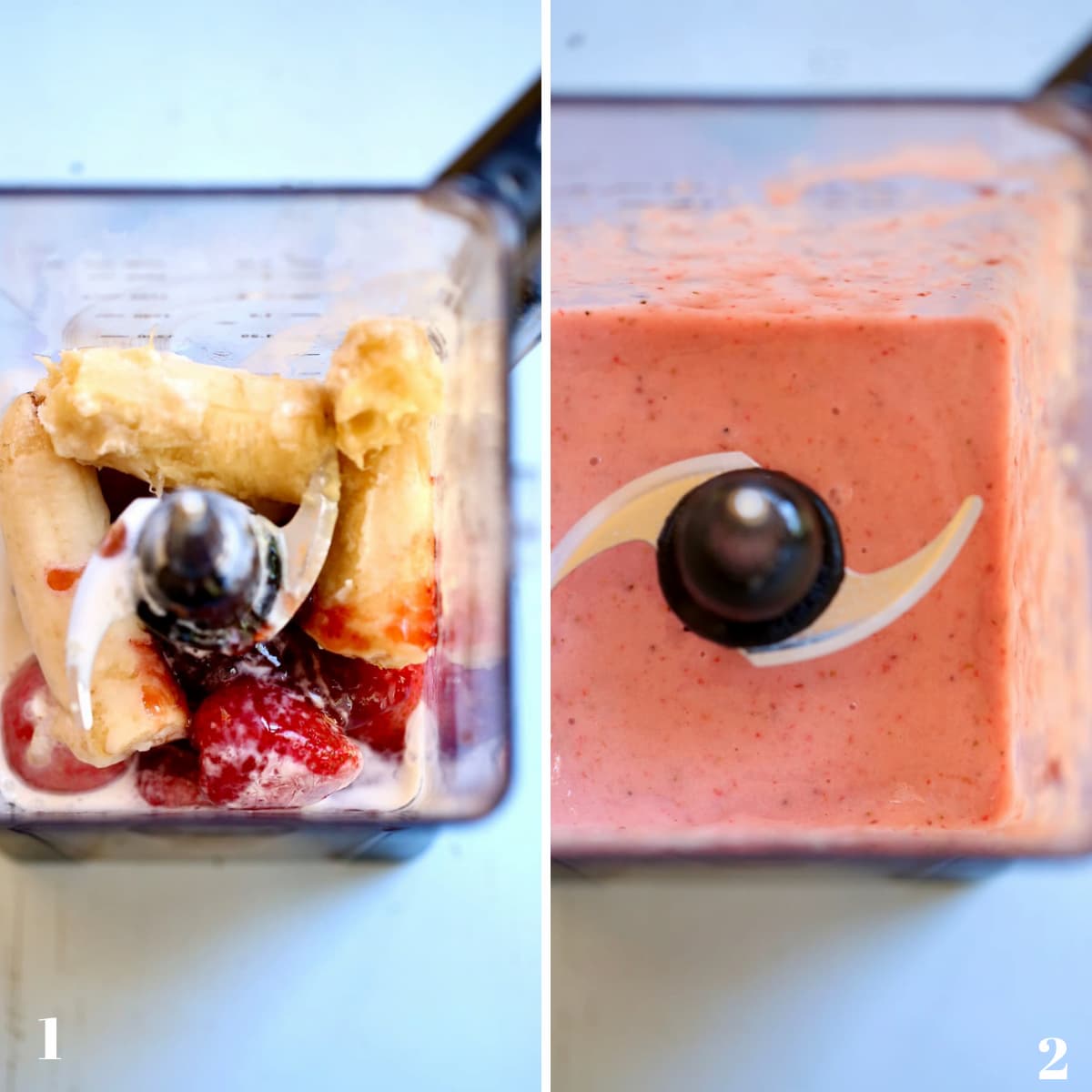 side by side photos of two proess shots of a smoothie in a blender, one before blending, one after.