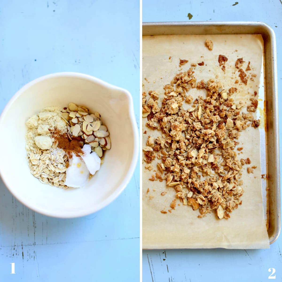 side by side photo of two step-by-step instructions for making the granola topping in this recipe. 