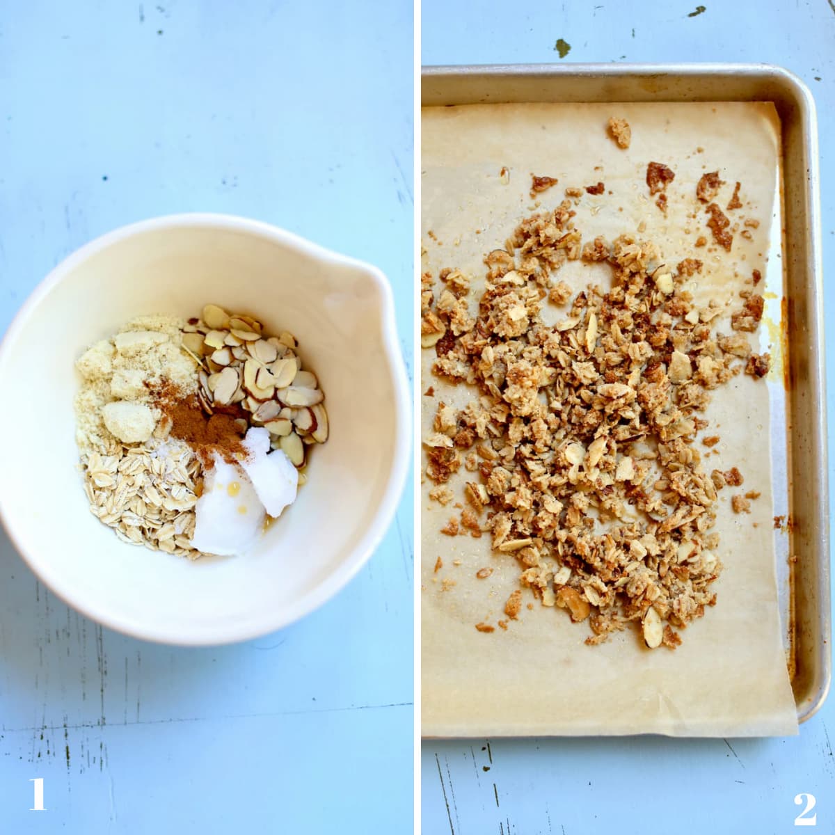 side by side photo of two step-by-step instructions for making the granola topping in this recipe.