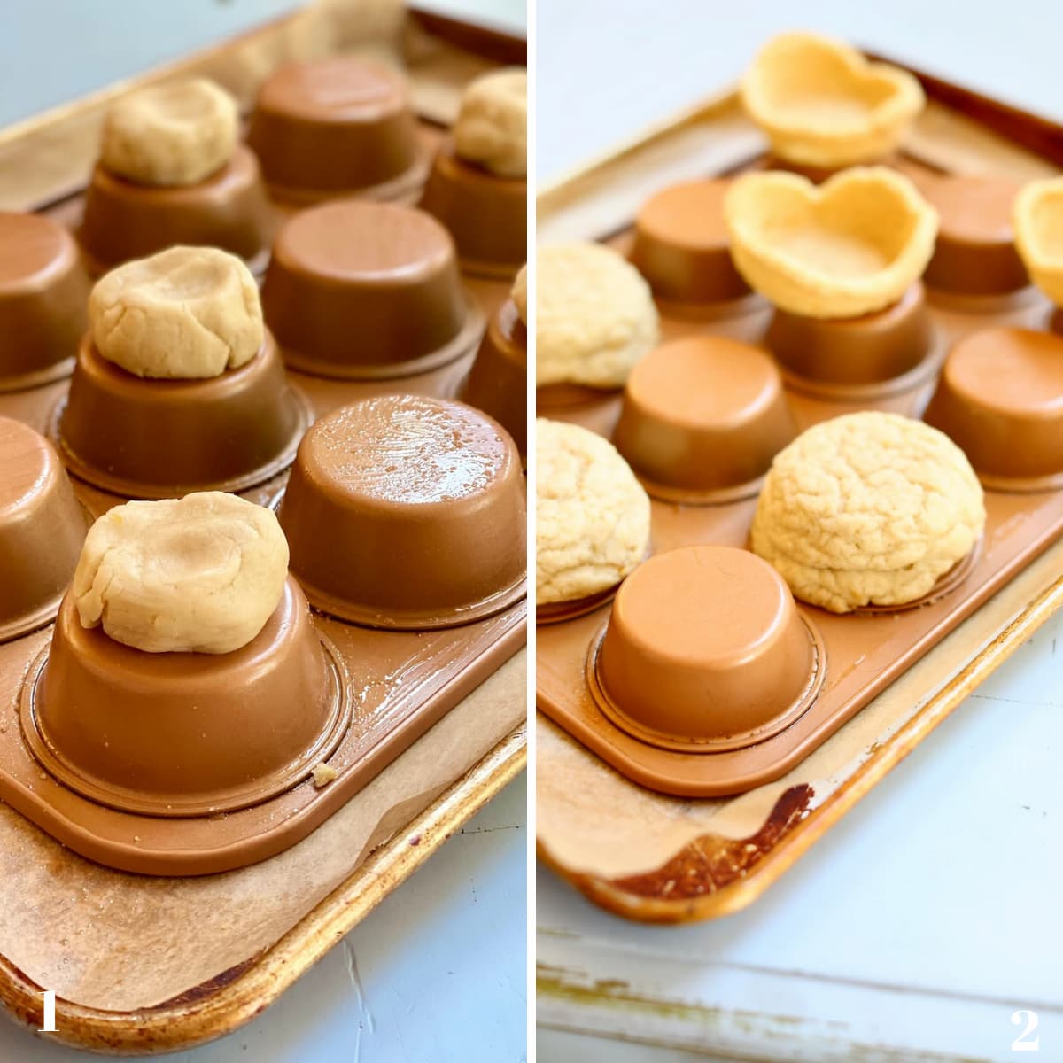 two images, one of cookie dough on the backside of a muffin tin raq, the other with them cooked.