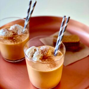 a tray of pumpkin spice milkshakes