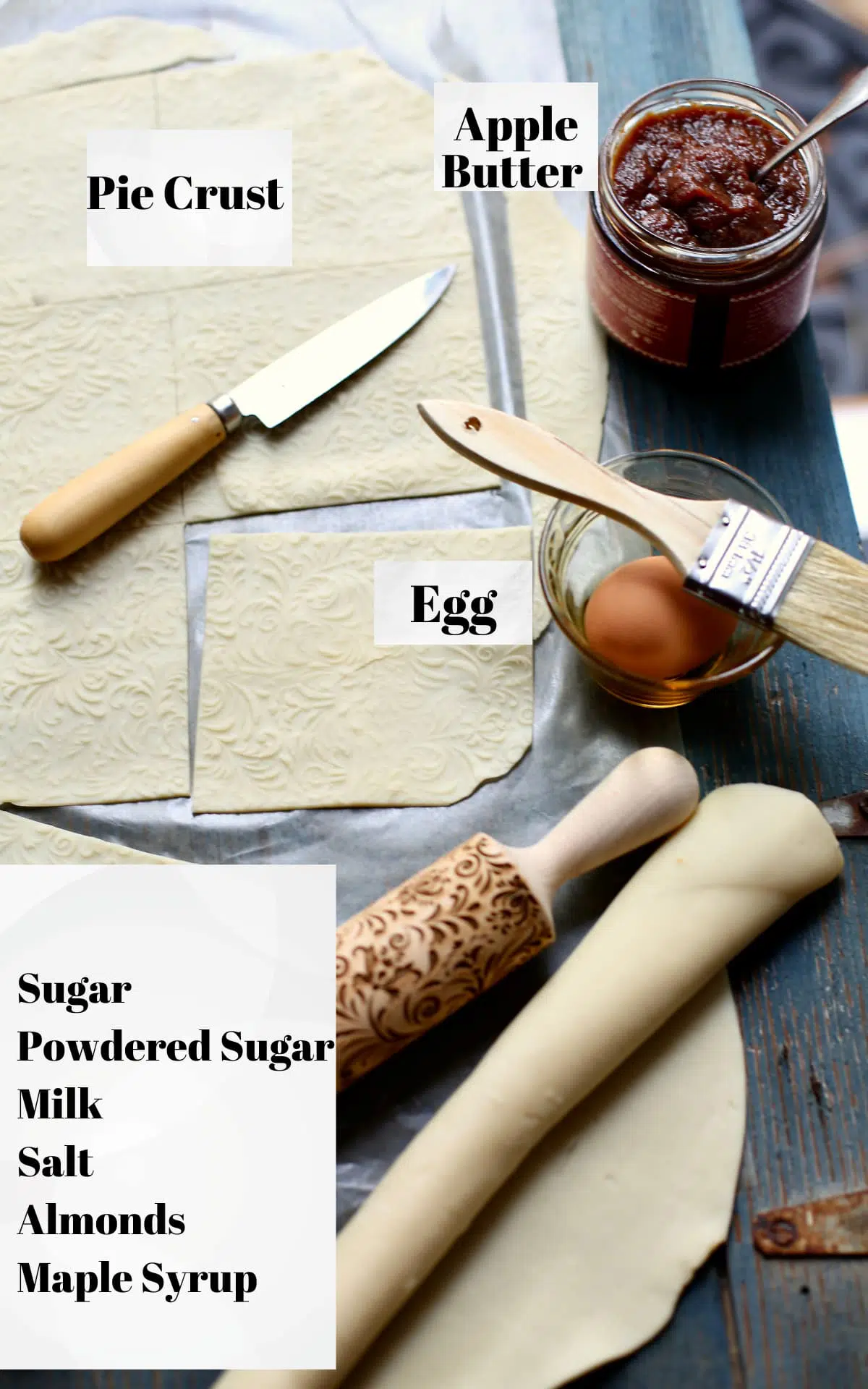 a blue table, with ingredients for pie on it, pie crust, eff, rolling pin, apple butter. Text with color blocks are next to these items, saying what they are.