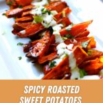 a photo of roasted sweet potatoes with a white sauce on them, with a text box underneath with the recipe name.