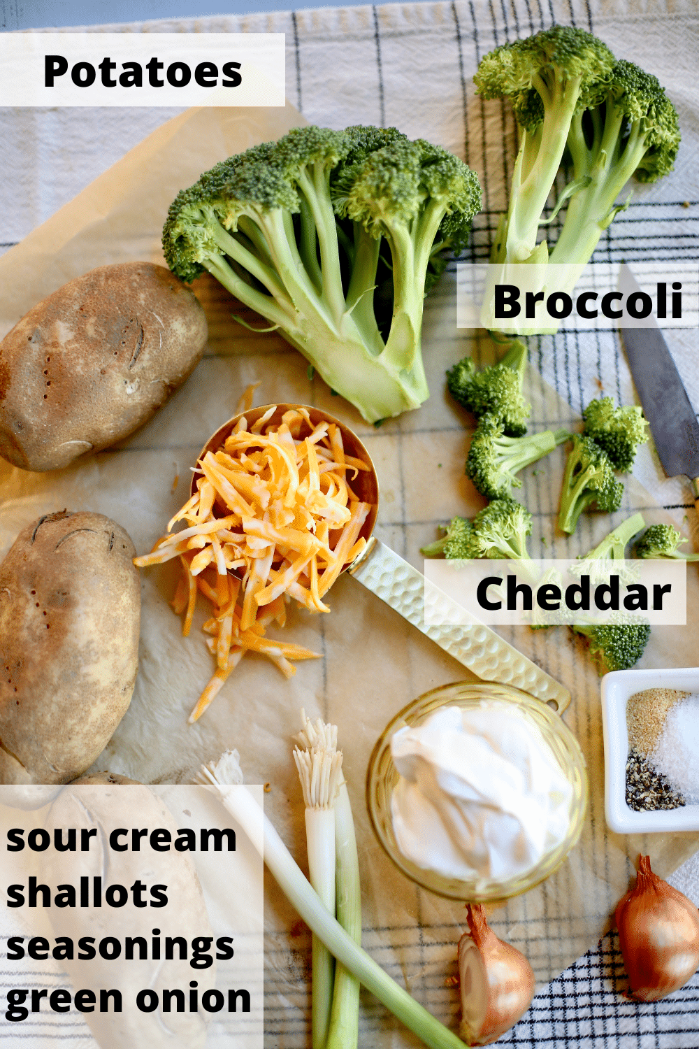 ingredients for twice baked potatoes with text sayign the names of each item.