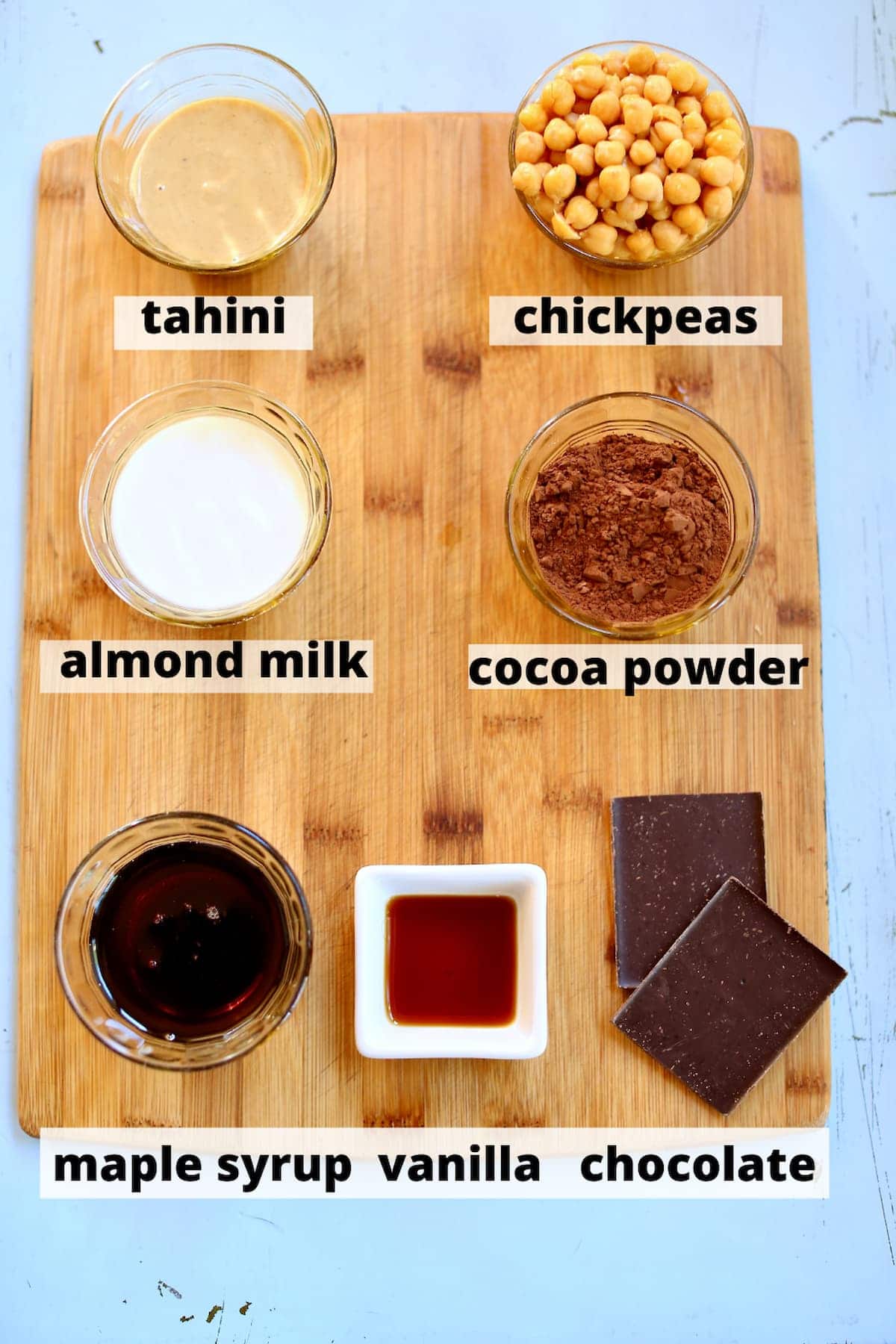 a wooden board with ingredients, and a text overlay saying the name of each item.