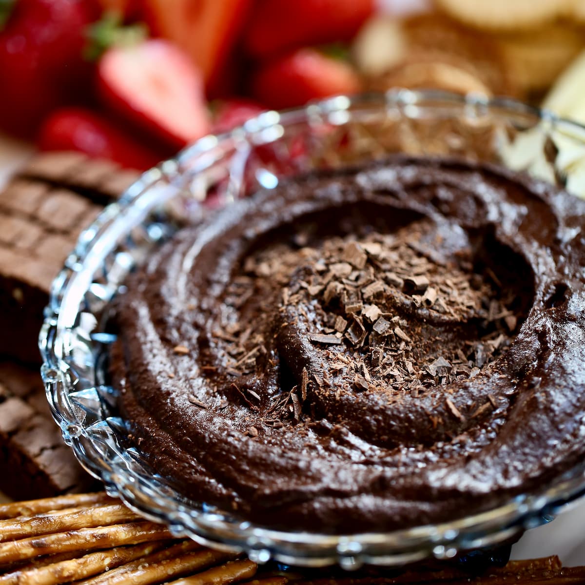 a close up photo of chocolate dessert hummus.