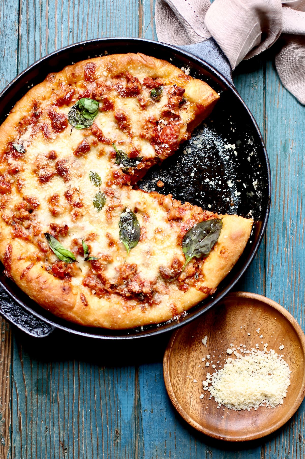 Deep Dish Skillet Pizza  Pull out the cast iron skillet for this pizza!