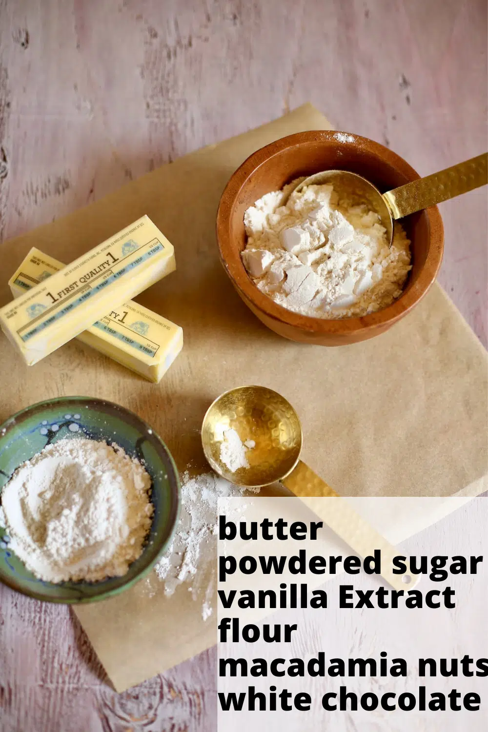 a photo of butter, flour, sugar and measuring spoons on a table with text overlay.
