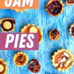 a blue table with small jam pies on it, with text overlay saying the recipe name.