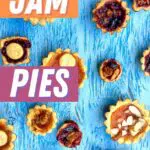 a blue table with small jam pies on it, with text overlay saying the recipe name.