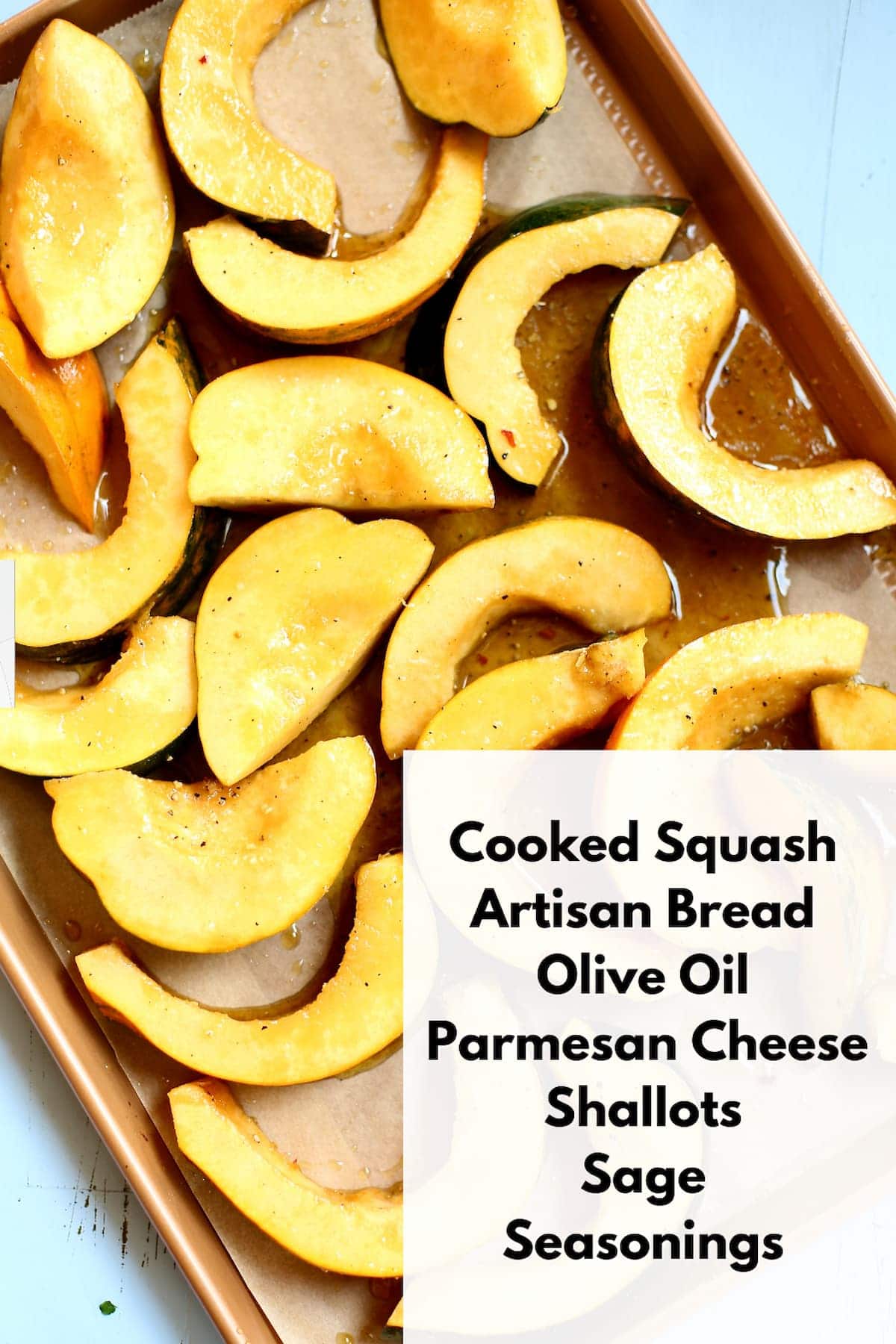 a photo of raw squash, cut on a baking sheet, with a text overlay, saying the name of ingredients for squash toast.
