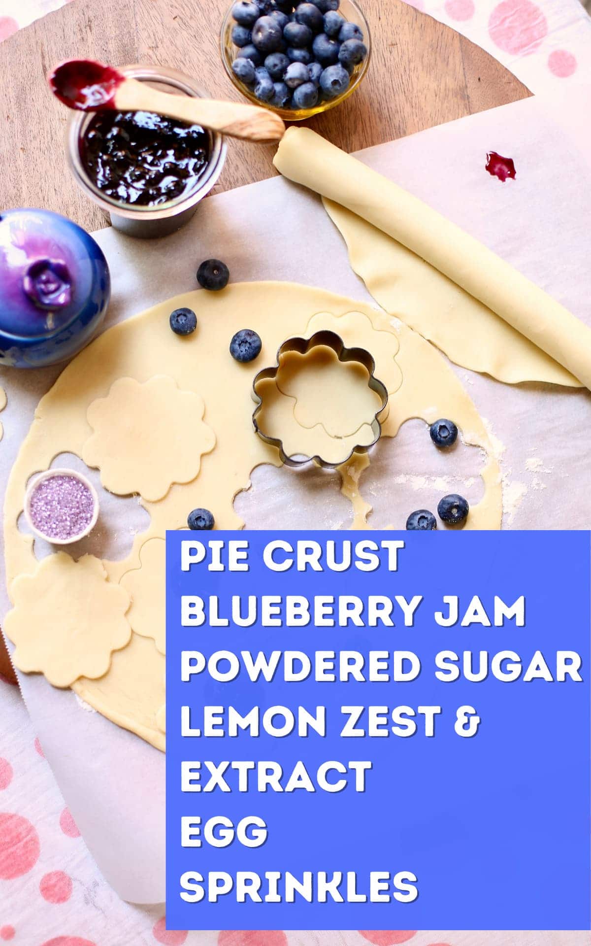 a photo of ingredients, pie crust, jam etc, and a text overlay saying the names of those ingredients.