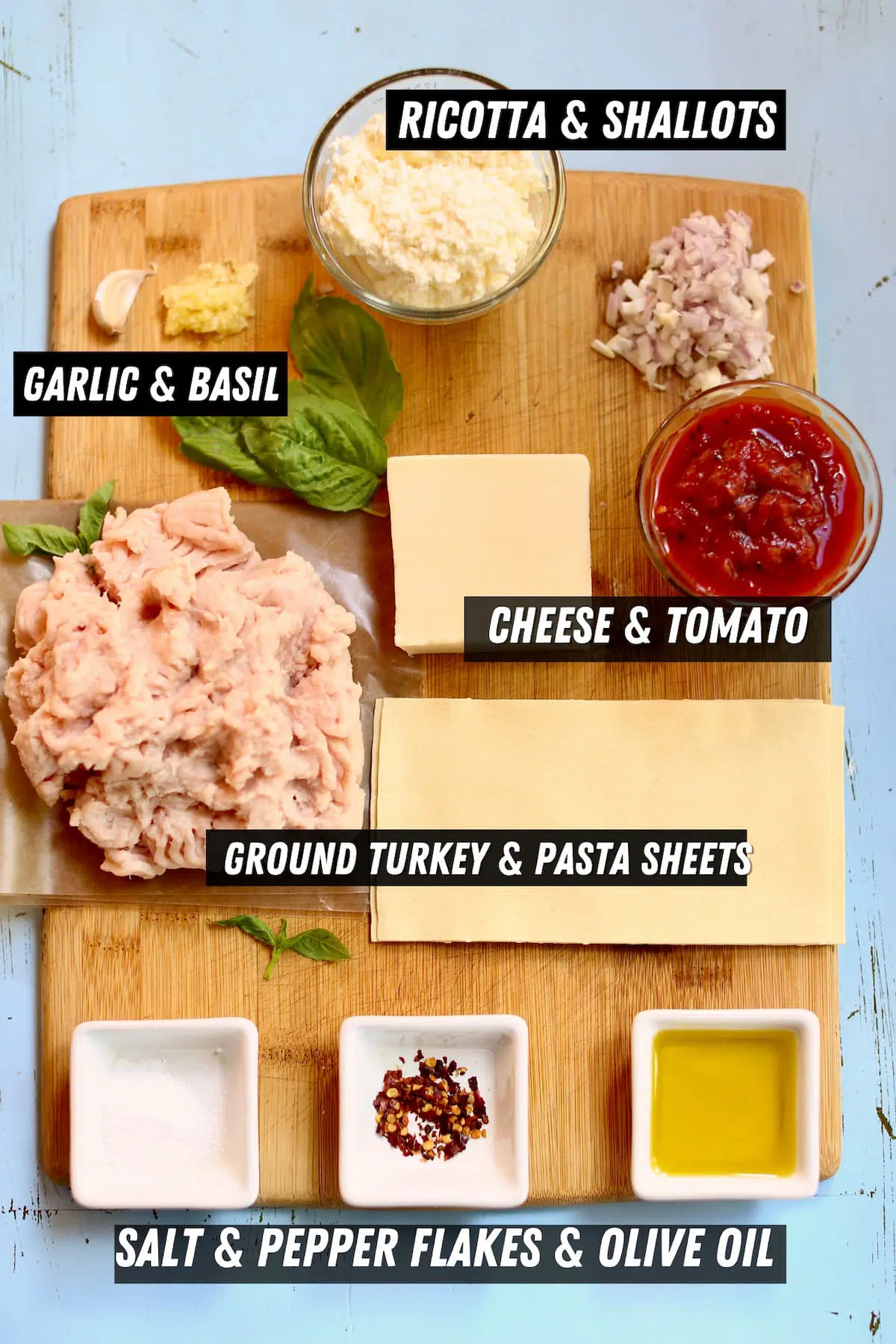 a cutting board with ingredients that are captioned.
