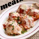 a white plate with meatballs, and a text overlay saying the recipe name.