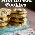 a glass tray with cookies on it and a text overlay saying the recipe name.