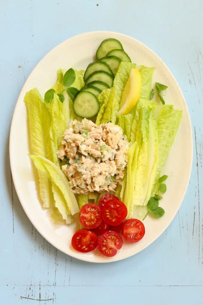 a white plate of tuna salad on a blue table.