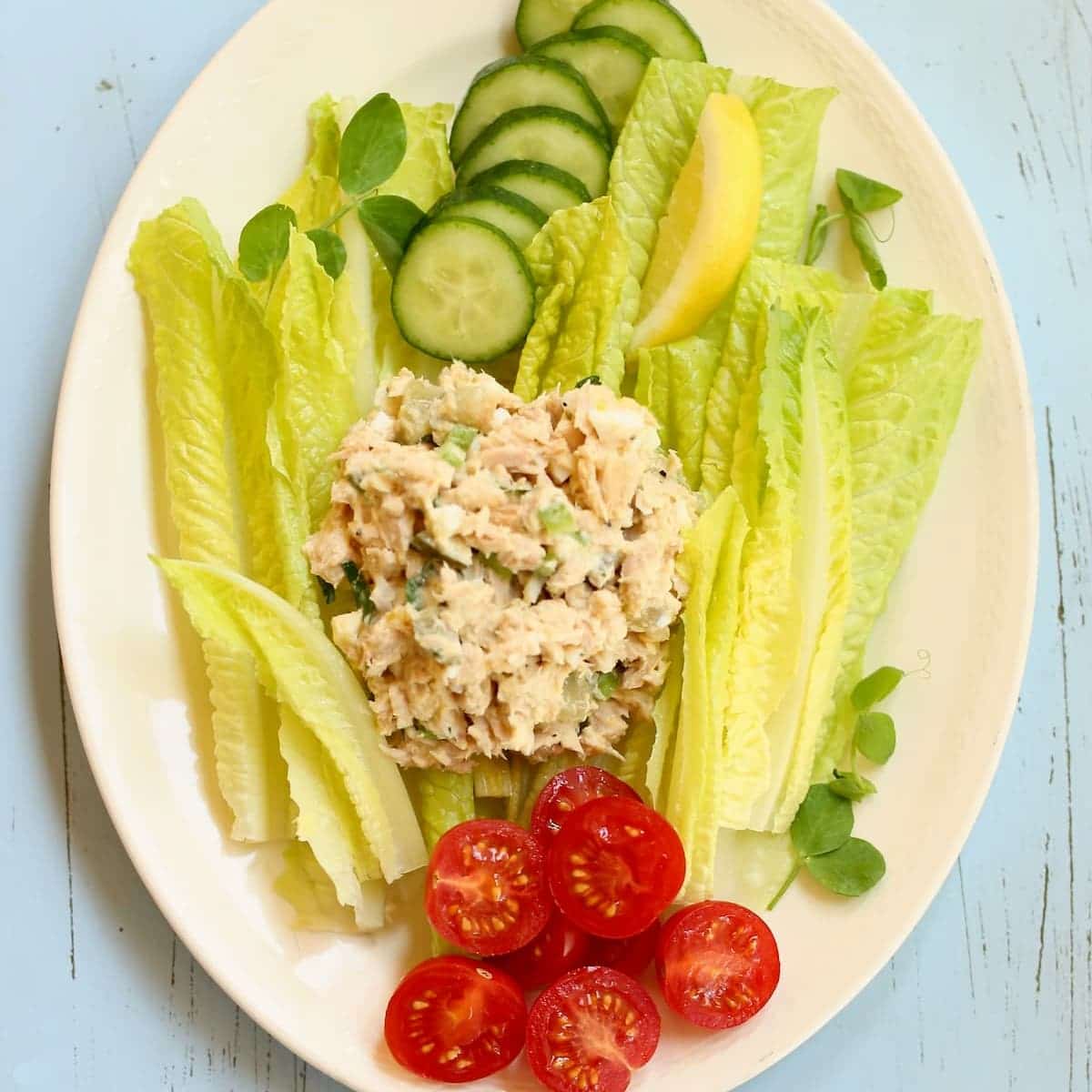 a square image of tuna salad on greens.