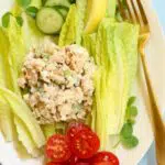 a plate of southern tuna salad, with a text overlay saying the recipe name.