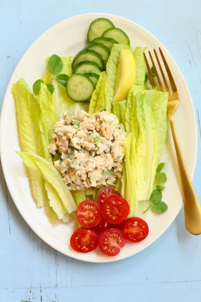 a scoop of tuna salad on lettuce on an oval plate.