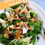 a kale salad close up photo with a text overlay saying the recipe name.