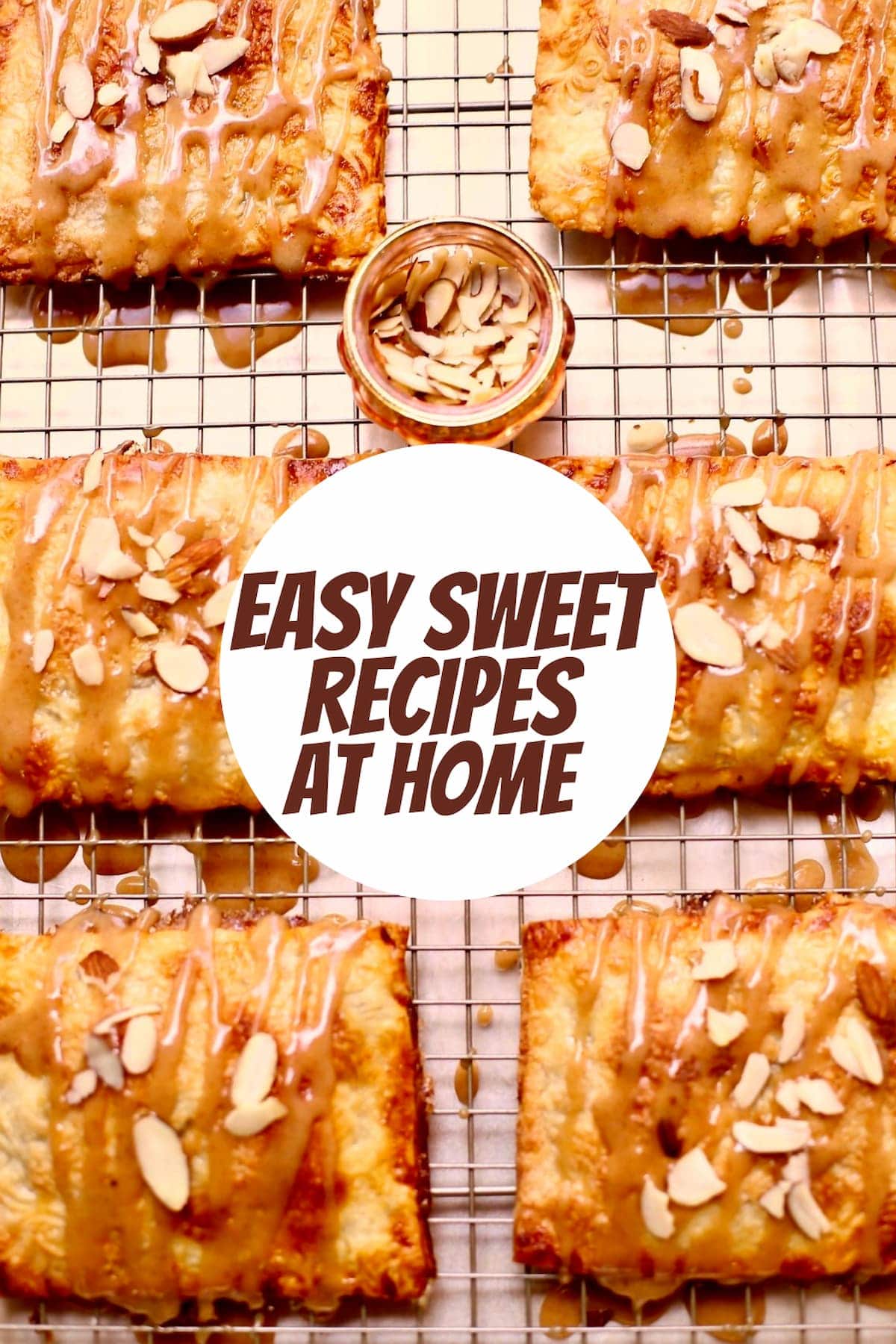 six pies on a wire rack and a circle of text saying make these sweet recipes at home.