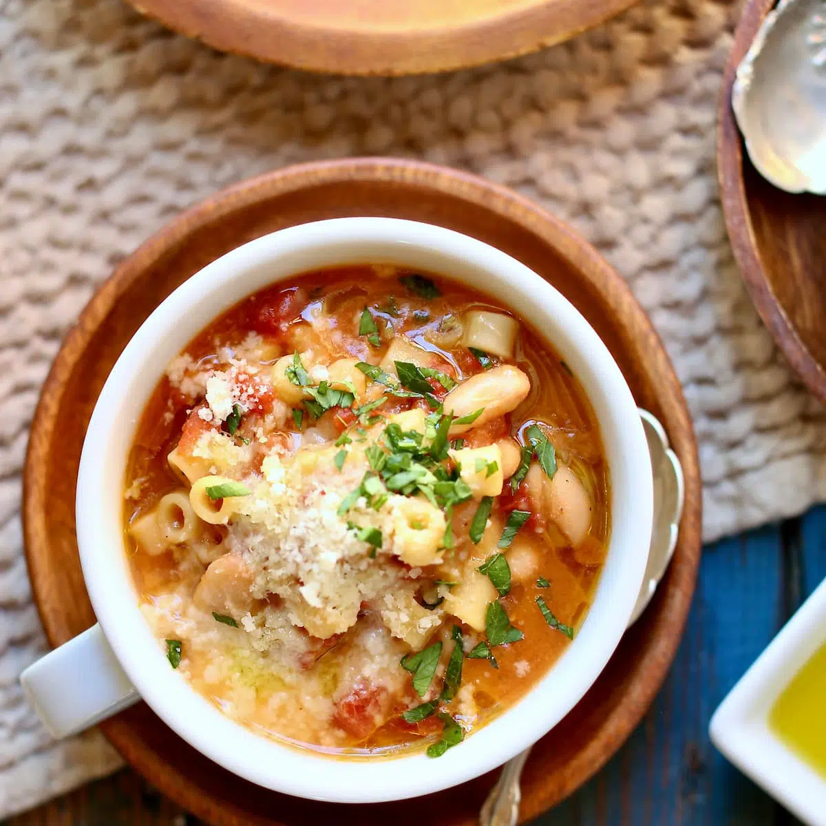 a bowl of soup on a table.