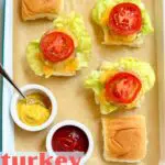 an overhead photo of turkey burger sliders with text saying the recipe name.