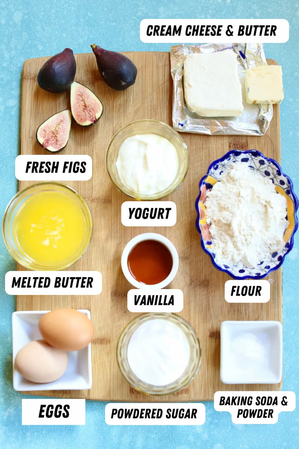 a table of ingredients for a fig cake.
