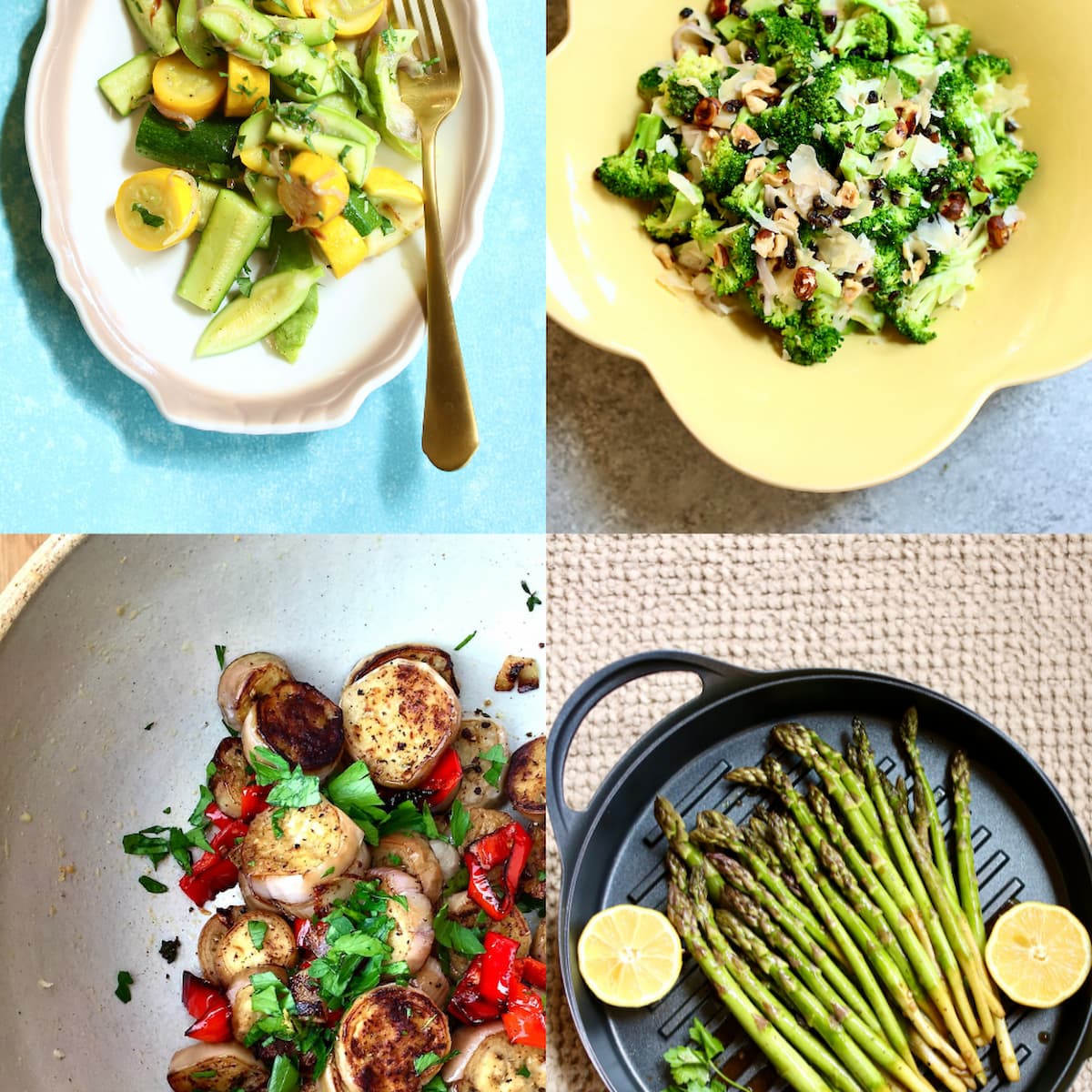 four photos of veggie side dishes.