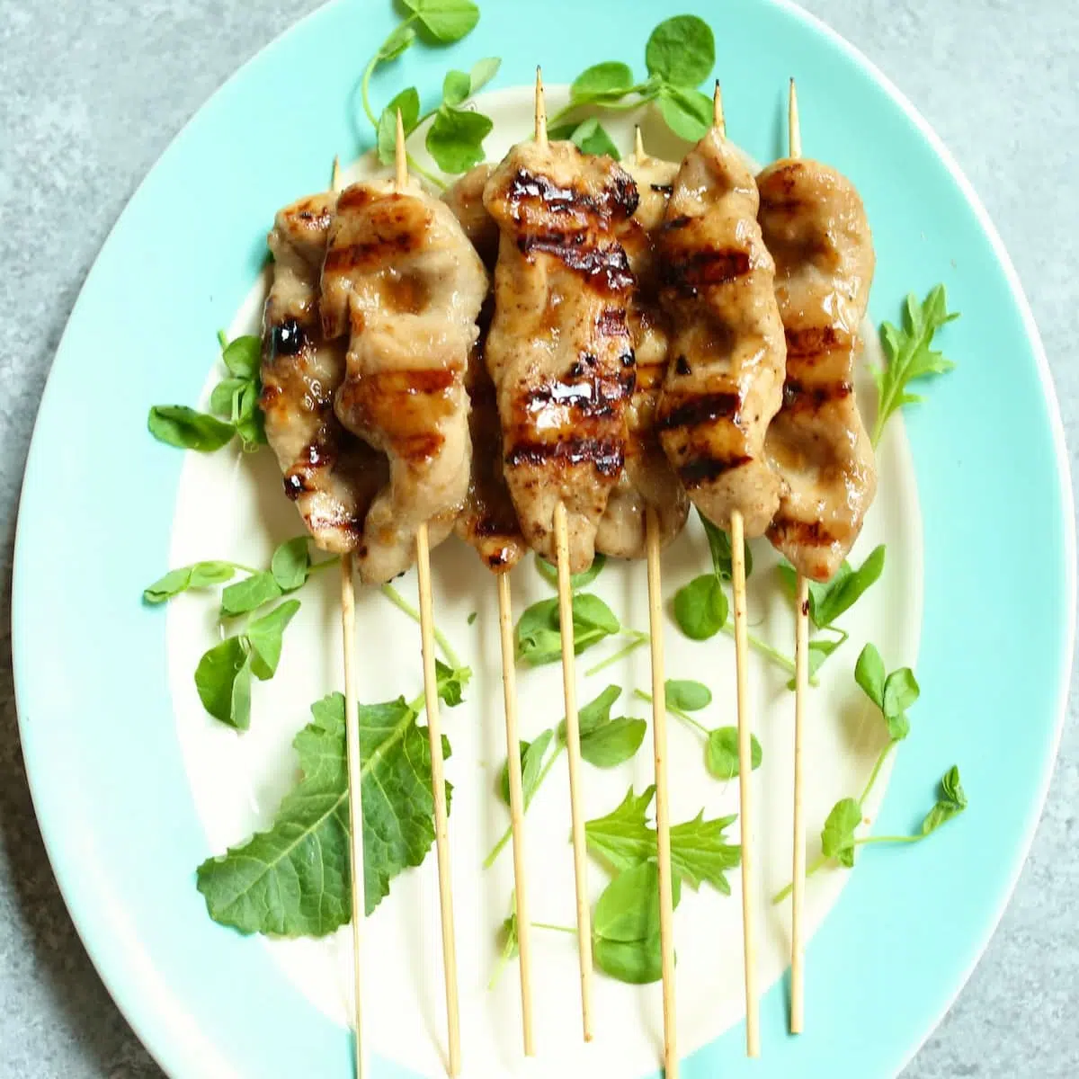 a square photo of teriyaki chicken kabobs on a stick.