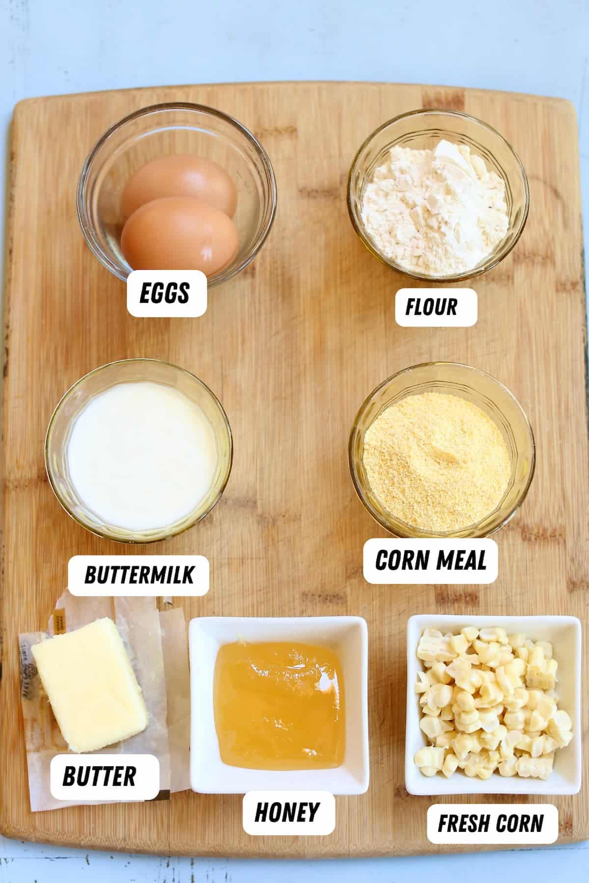 a board with ingredients for cornbread.