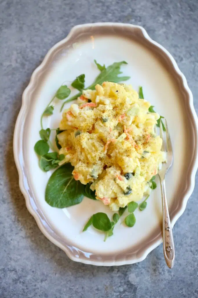 an overhead photo of potato salad on a plate.