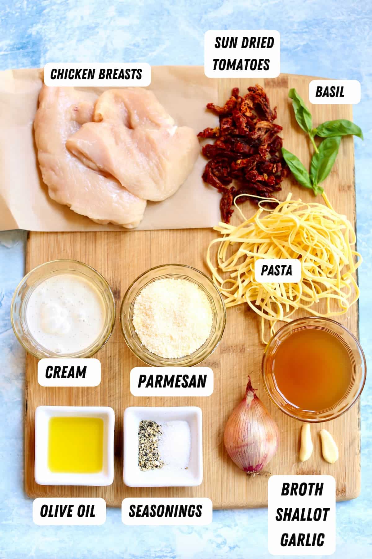 a board with ingredients for chicken pasta, captioned.
