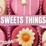 a pink candy background with text overlay.