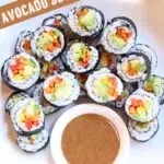 an overhead photo of sushi rolls with a text overlay.