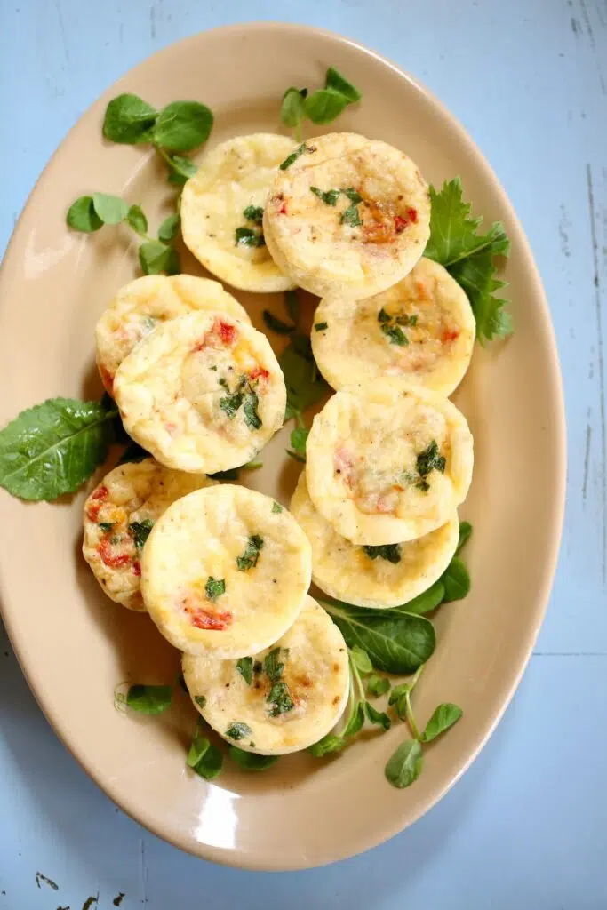 a beige tray of egg white bites.