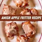 a plate of apple fritters on a white platter with text overlay saying the recipe name.