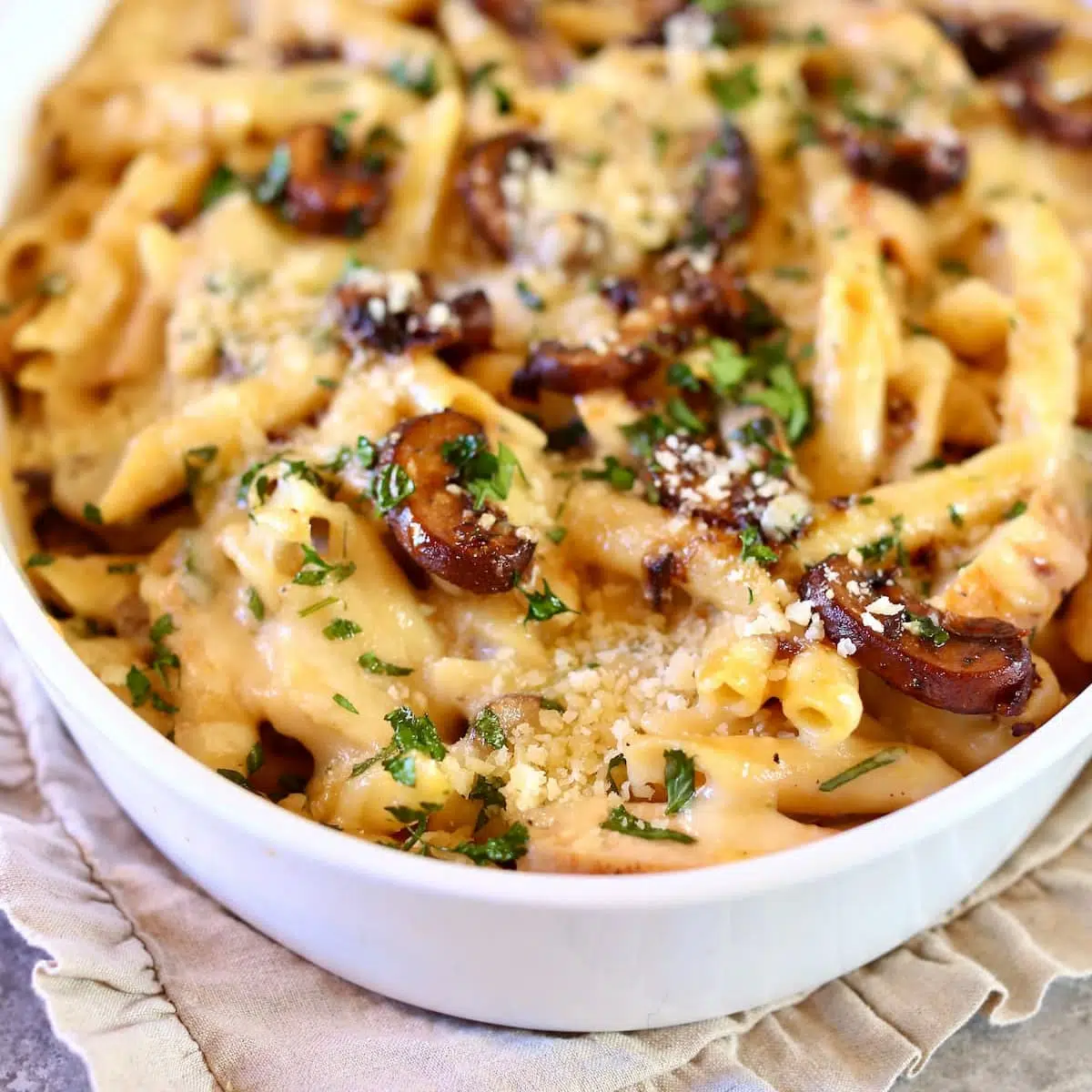 a close up photo of creamy chicken pasta.