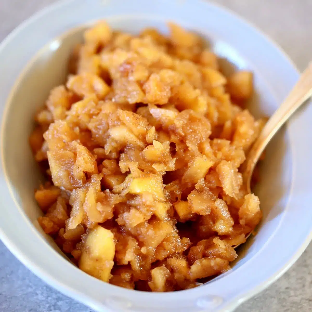 a blue bowl of applesauce with a spoon coming out of it.