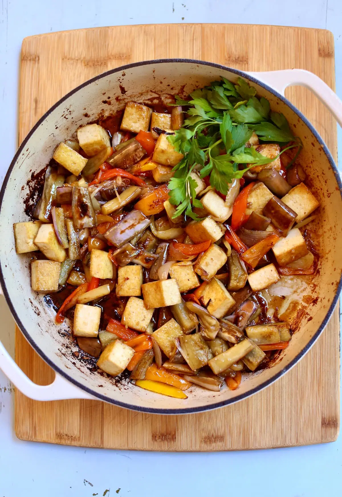 an overhead photo of eggplant tofu.