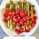 a photo of asparagus and tomatoes with text overlay saying the recipe name.
