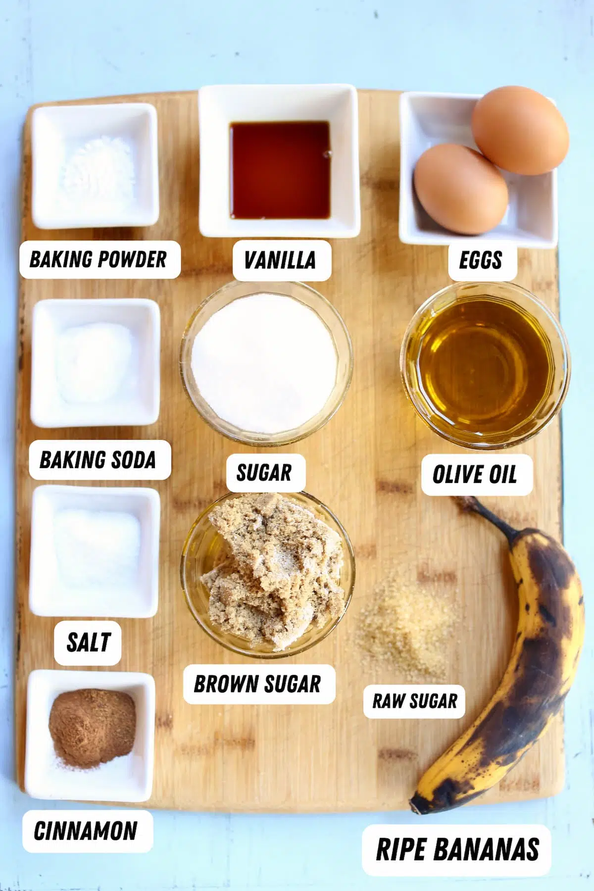 a board with ingredients labled to make banana bread.