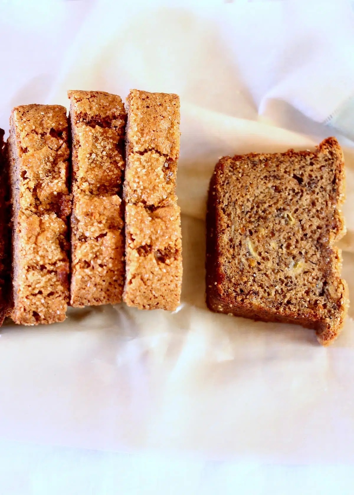 slices of banana bread on a counter.