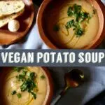 two cups of potato soup with text overlay saying the recipe name.