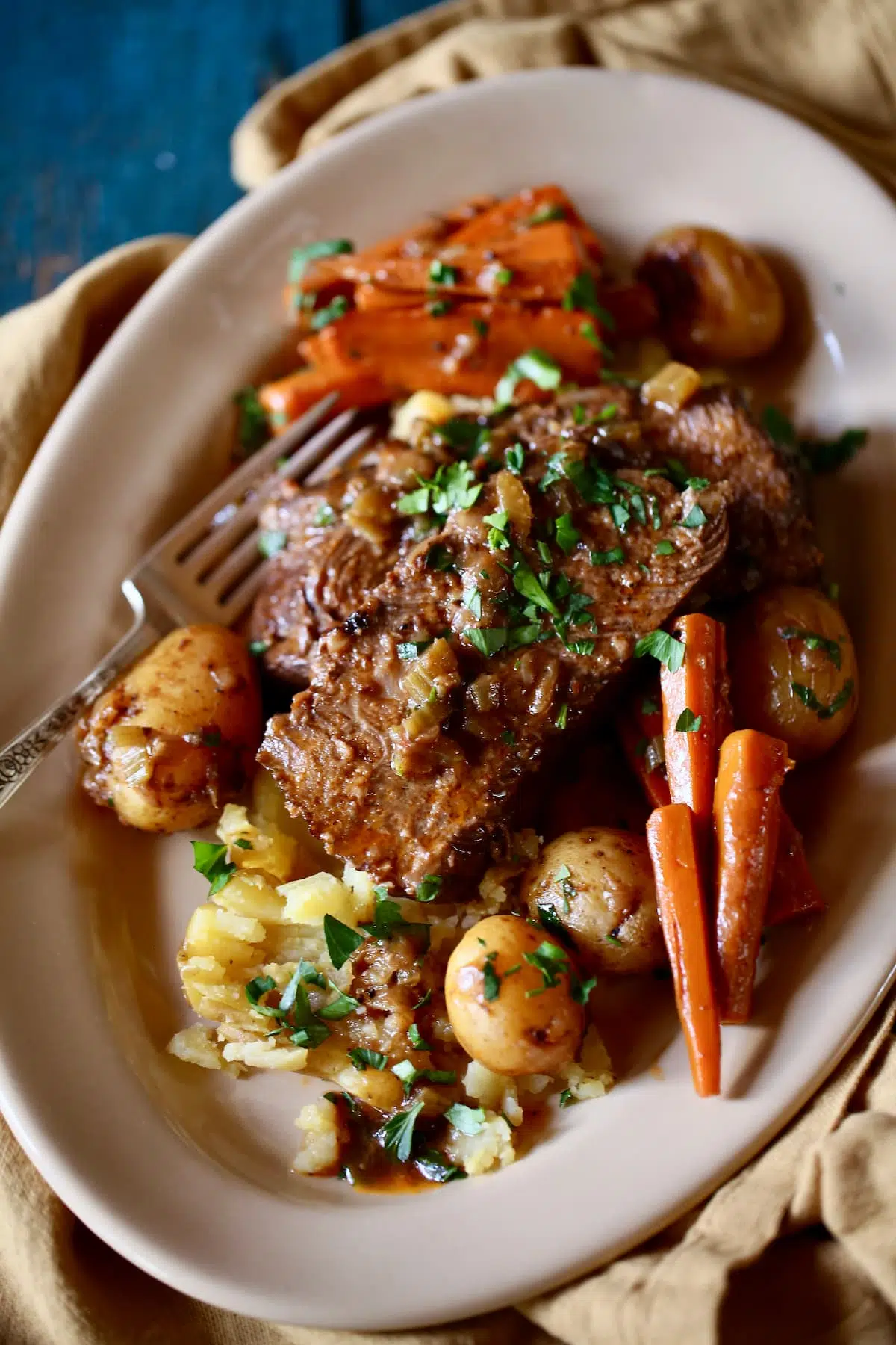 a side view of a plate of pot roast.