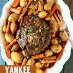 a pinterest image of pot roast on a table with text overlay.