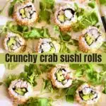 a photo of sushi rolls with text overlay.
