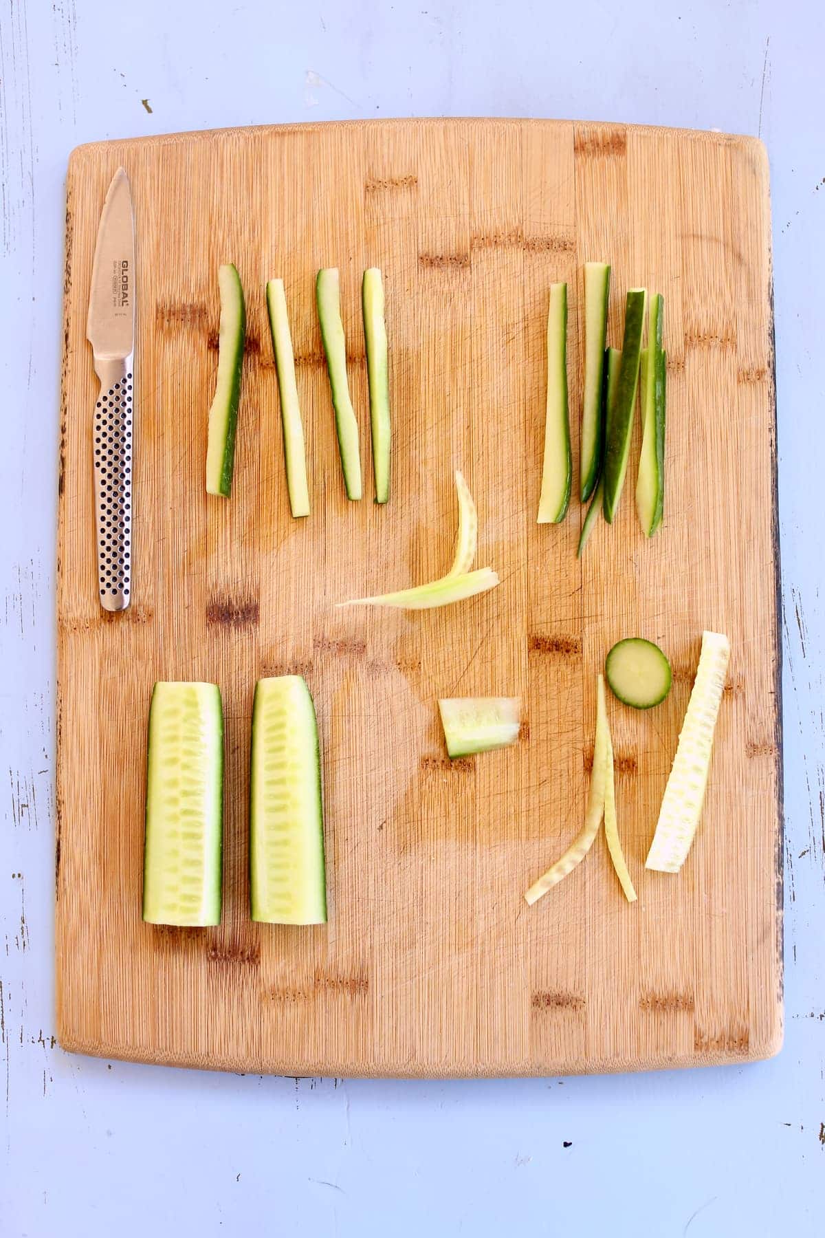 a process food shot showing how to cut vegetables in a recipe.