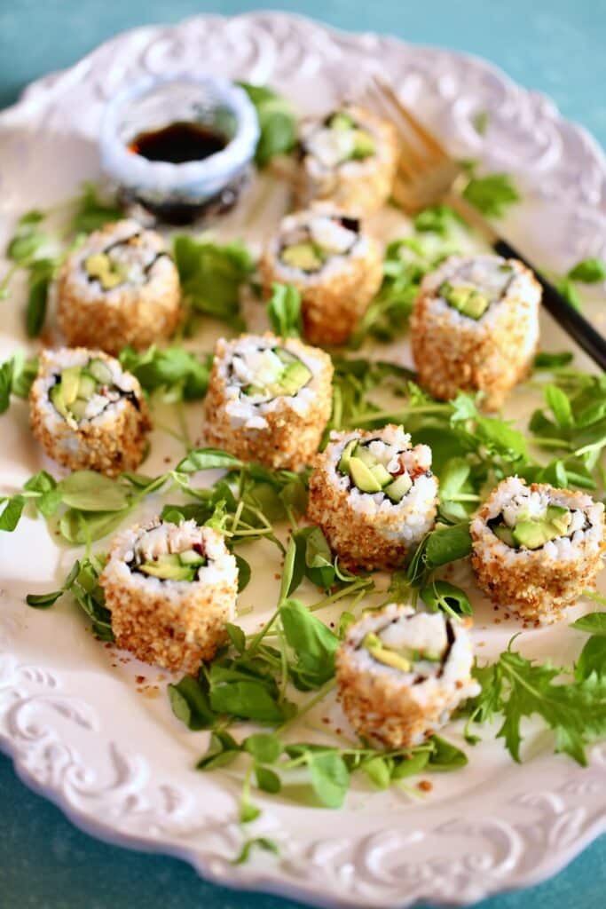 a platter of sushi rolls.